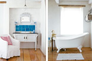 La bañadera con patas y grifería de bronce se ubicó en un rincón dentro del dormitorio mismo, al igual que la bacha empotrada en un mueble vintage.
