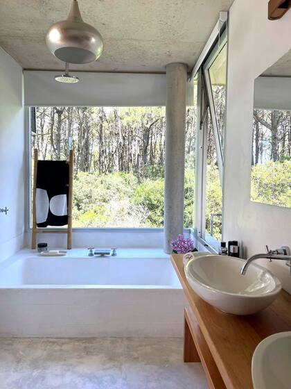 La bañadera ocupa todo el ancho, con las dimensiones de un jacuzzi y la flor de la ducha sujeta del cielo raso.