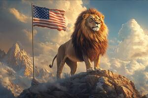 La bandera de Estados Unidos y el León, en lo más alto