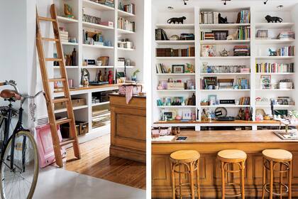 La barra es uno de los espacios preferidos de Fernando. Aquí hay objetos propios y a la venta