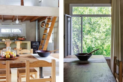 La mesa de comedor, como la que vimos en el living, también está hecha en madera reciclada.