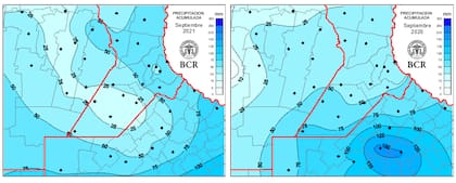 La BCR mostró cómo se comportaron las lluvias en septiembre del 2020 y 2021 en la región núcleo