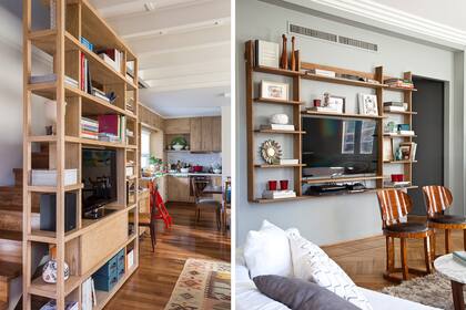 La biblioteca de la foto de la izq. sirve de un lado como protección y baranda para la escalera, mientras que del otro es espacio de guardado para libros y el aparato de TV.