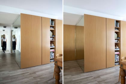 La biblioteca y el mueble de cocina se revistieron en chapa de roble americano reconstituido (provisto por Lusich).