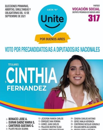 La boleta de UNITE con la que competirá Cinthia Fernández en la Provincia de Buenos Aires. Fuente: cinthia_fernandez_.