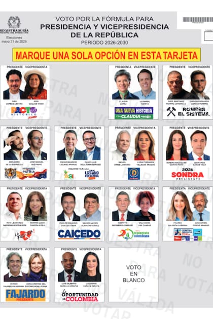 La boleta que se usará en las elecciones presidenciales de Colombia