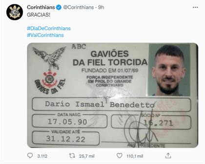 La burla del equipo brasilero a Darío Benedetto (Foto: twitter @Corinthians)