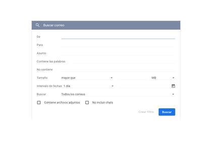 La búsqueda avanzada sirve tanto para encontrar mensajes como para crear filtros (es decir, reglas de correo electrónico)