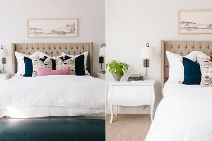 La cabecera con capitoné en tono beige es el marco de este dormitorio de estilo clásico. Para darle un toque moderno se eligieron almohadones combinados en negro, rosa intenso y natural