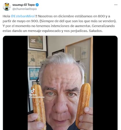 La cadena de churrerías El Topo salió a desmentir a Mirol en redes sociales