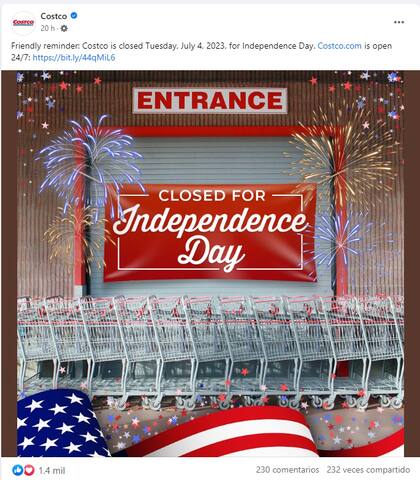 La cadena de supermercados Costco anunció el cierre de sus tiendas en Estados Unidos debido al feriado del Día de la Independencia