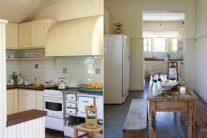 La calidez de la campana remachada, los estantes de madera pintados y la heladera antigua son recursos efectivos para dar una atmósfera de época.