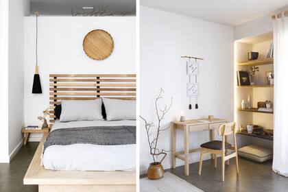 La cama de estilo oriental en kiri con mesas de luz adosadas y cajones ocultos es un diseño de Bec Art & Deco ejecutado por Carpintería Faber. Colchón ‘Tatami’ con relleno de algodón reciclado (Fénix Colchones). En la estantería, contenedores negros (Dukaan Home).