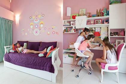 La cama en laca blanca; sobre la pared, el vinilo decorativo es la nota que identifica el sector de descanso. La paleta de colores vivos pero en versión pastel equilibra la energía joven con un clima más calmo, acorde a la hora de dormir