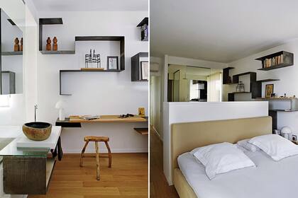 La cama está enfundada en terciopelo claro y tiene en su reverso un práctico mueble con cajones