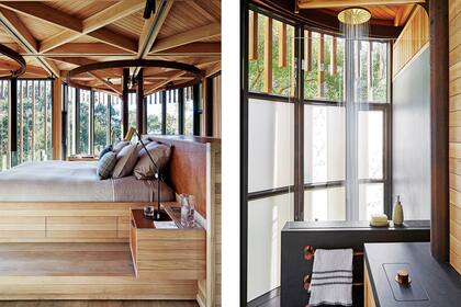 La cama y los espacios de guardado fueron hechos a medida en roble macizo.