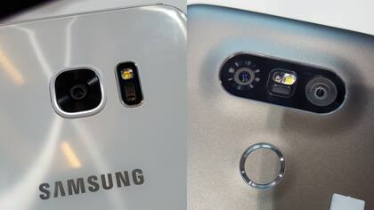 La cámara del Galaxy S7, con el monitor de ritmo cardíaco al lado, y la del LG G5, con el doble lente y, abajo, el sensor biométrico