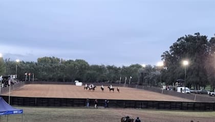 La cancha de polo arena mide 100 metros de largo por 50 de ancho y los arcos están marcados en color distinto sobre las tablas