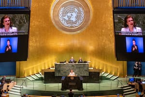 La canciller Diana Mondino en su exposición ante el plenario de la ONU