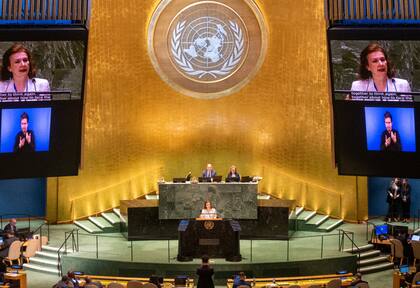 La canciller Diana Mondino en su exposición ante el plenario de la ONU, anoche.