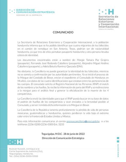 La Cancillería de Honduras identificó a Adela Ramírez entre los cuerpos que se encontraron en un camión abandonado en San Antonio, Texas (Crédito: Twitter/@CancilleriaHN)