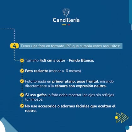 La Cancillería detalló las características que debe cumplir la fotografía que se adjuntará en el formulario para renovar el pasaporte (Ministerio de Relaciones Exteriores de Colombia)