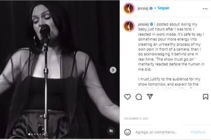 La cantante reflexionó sobre la pérdida de su embarazo con un sentido posteo (Foto: Instagram @jessiej)