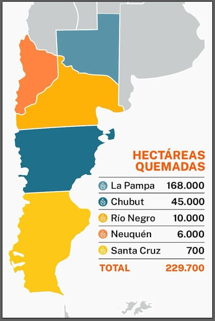 La cantidad de hectáreas quemadas en la Patagonia como producto de los incendios de los últimos meses