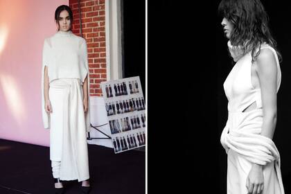 La capa tejida irregular se contrapone con una silueta slim