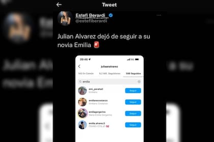 La captura de Instagram de @estefaniaberardi que muestra que el delantero ya no sigue a su novia