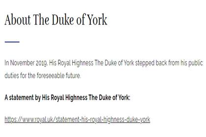 La captura de la página de la familia real dedicada al segundo hijo de Isabel que reemplaza al antiguo sitio web personal