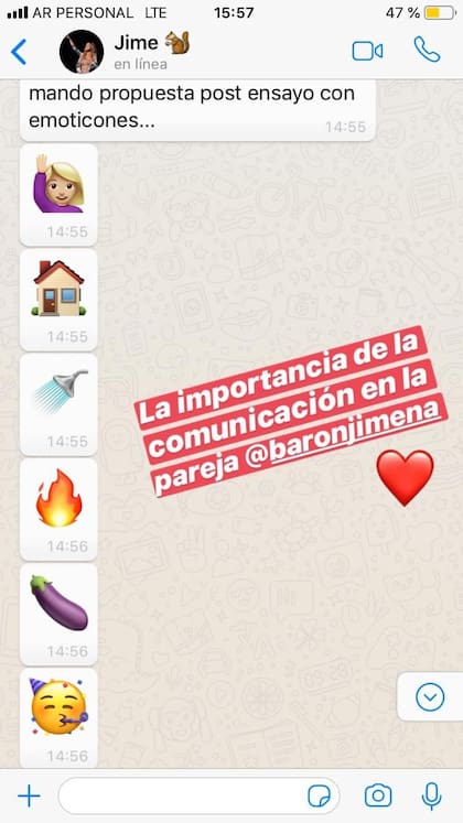 La captura de la propuesta de Jimena Barón por Whatsapp, compartida por Mauro Caiazza.