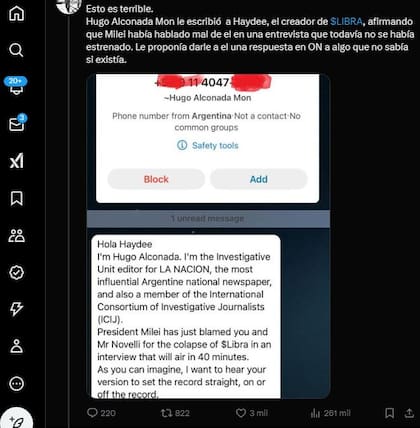 La captura del chat entre el periodista Hugo Alconada Mon y Hayden Davis que filtraron en redes sociales cuentas de usuarios argentinos simpatizantes del Gobierno