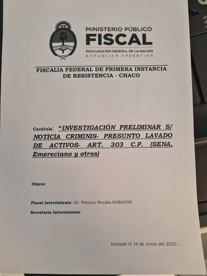 La carátula de la investigación preliminar de la justicia federal sobre Emerenciano Sena y su mujer, Marcela Acuña