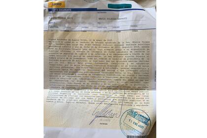 La carta documento que recibió la periodista Soledad Barruti por parte de la nutricionista Mónica Katz (Gentileza: Soledad Barruti) 