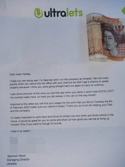 La carta completa que recibió Isaac con 10 libras como pago por su trabajo