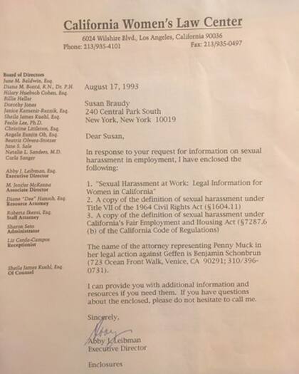 La carta con la cual se asesoraría Braudy por el supuesto acoso sexual de Douglas