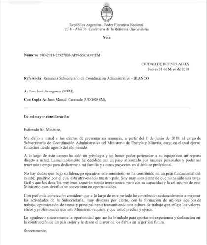 La carta de renuncia