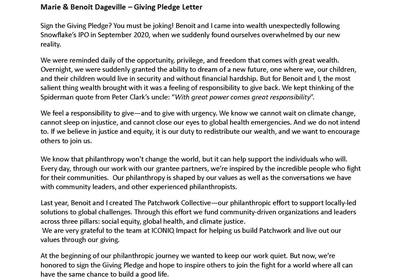 La carta de adhesión de Marie y Benoit a The Giving Pledge, donde invitan a otros millonarios a sumarse