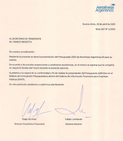 La carta de Aerolíneas a la Secretaría de Transporte, dependiente del Ministerio de Economía
