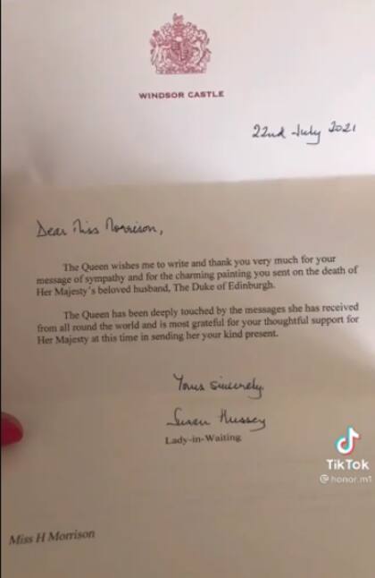 La carta de agradecimiento que la joven recibió de parte de la reina Isabel