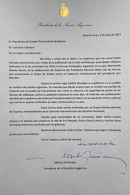 La carta de Alberto Fernández a Luis Arce.