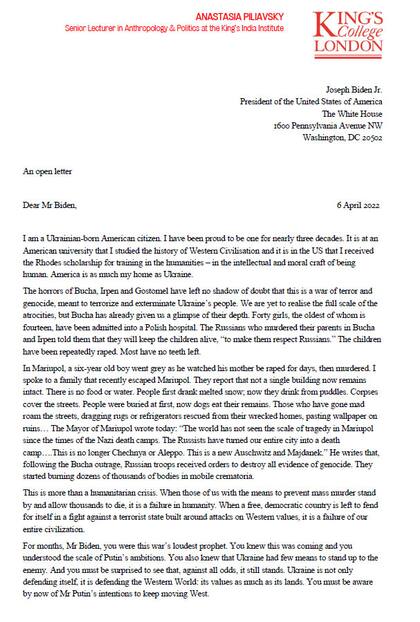 La carta de Anastasia Piliavsky a Joe Biden