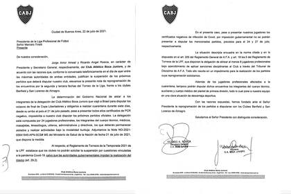 La carta de Boca a la Liga Profesional en la que pide la postergación de los partidos con Banfield y San Lorenzo.
