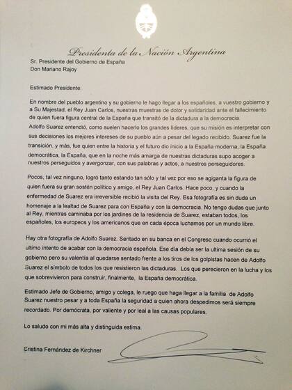 La carta de Cristina Kirchner por la muerte de Suárez