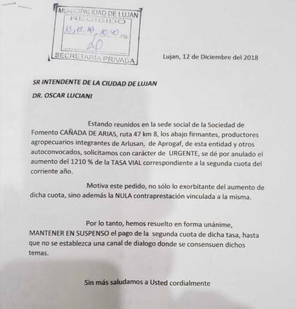 La carta de entidades de Luján al intendente Luciani por la tasa vial