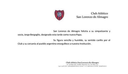 La carta de felicitaciones del club