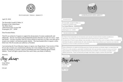 La carta de Greg Abbott dirigida al presidente Joe Biden y su versión traducida al español