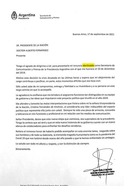 La carta de Juan Pablo Biondi