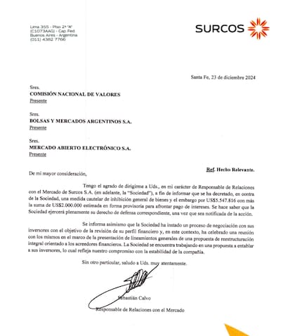 La carta de la compañía Surcos